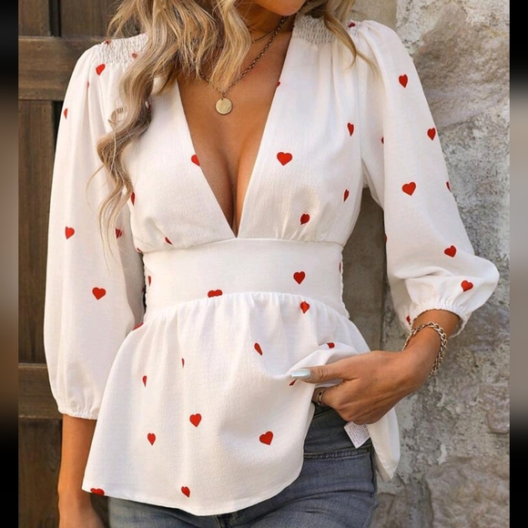 Deep  Plunge V Neck Heart Print Shirt Smocked Waist Top Blouse White Red - Picture 3 of 6